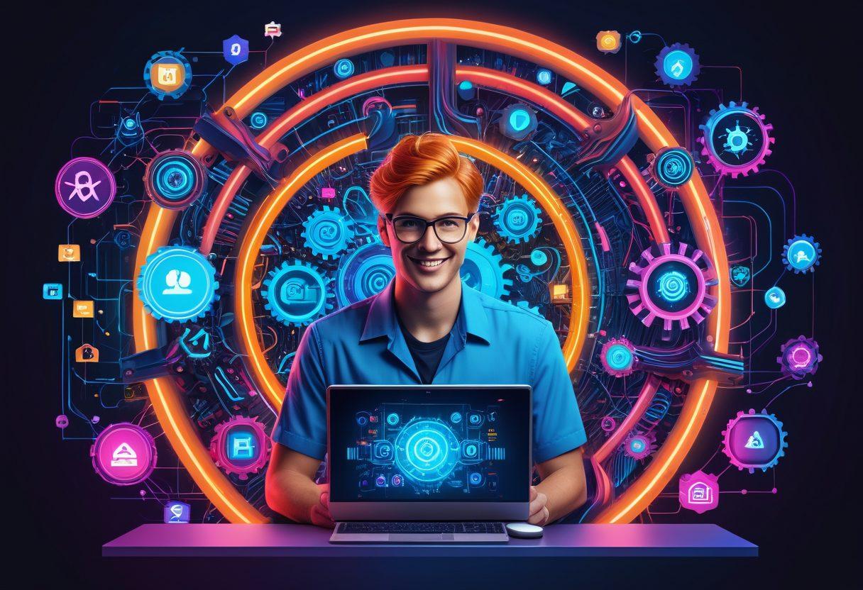A visually striking collage depicting a secure digital landscape with a glowing server farm, a friendly tech support agent, and a vibrant website interface on a computer screen. Incorporate elements of safety, such as shields and locks, alongside icons representing efficiency, like gears and fast connections. The background should feature abstract representations of digital data flows, creating a sense of dynamism and innovation. super-realistic. vibrant colors. 3D.