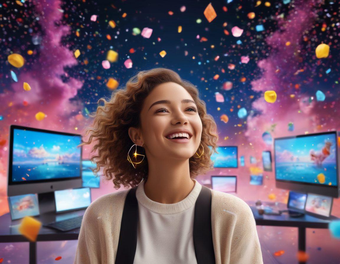 A vibrant digital landscape depicting a joyful person interacting with various cyber services on multiple screens, surrounded by symbols of connectivity like clouds, holograms, and upbeat emojis. Incorporate elements of joy, such as bright smiling faces and confetti. Use a modern and inviting color palette to evoke happiness and positivity. super-realistic. vibrant colors. 3D.